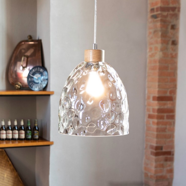 Suspension en Chêne huilé, Design Cloche en Verre Rétro , AURA Suspension en Chêne huilé, Design Cloche en Verre Rétro , AURA