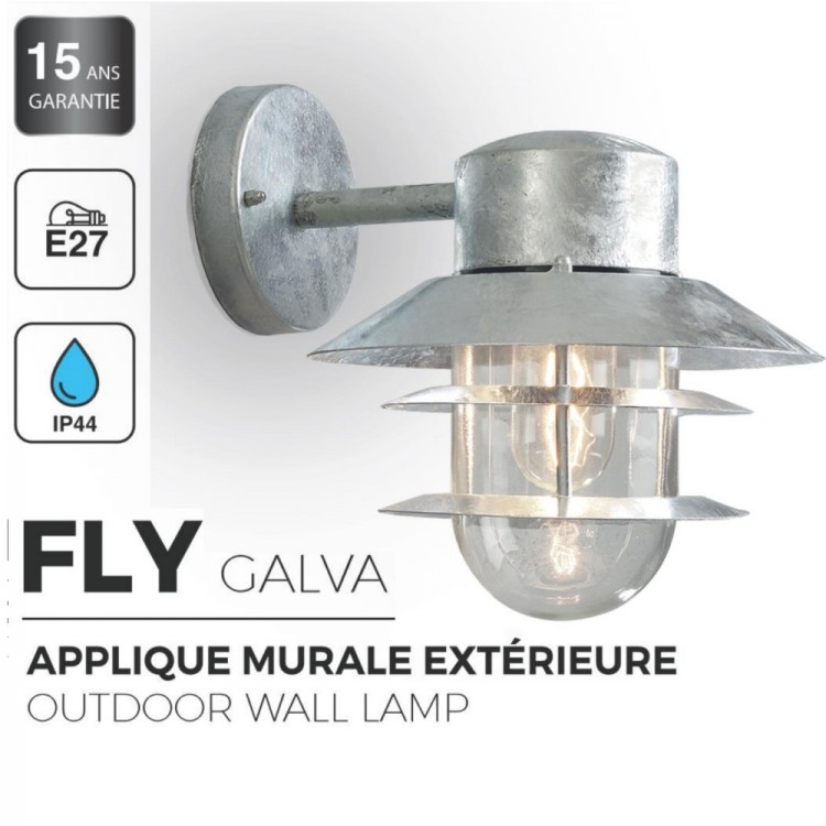 Applique Extérieure FLY - Descendante - Métal Galvanisé - Ampoule 1xE27 Maxi 60W - IP44 CLI 230V Applique Extérieure FLY - Descendante - Métal Galvanisé - Ampoule 1xE27 Maxi 60W - IP44 CLI 230V